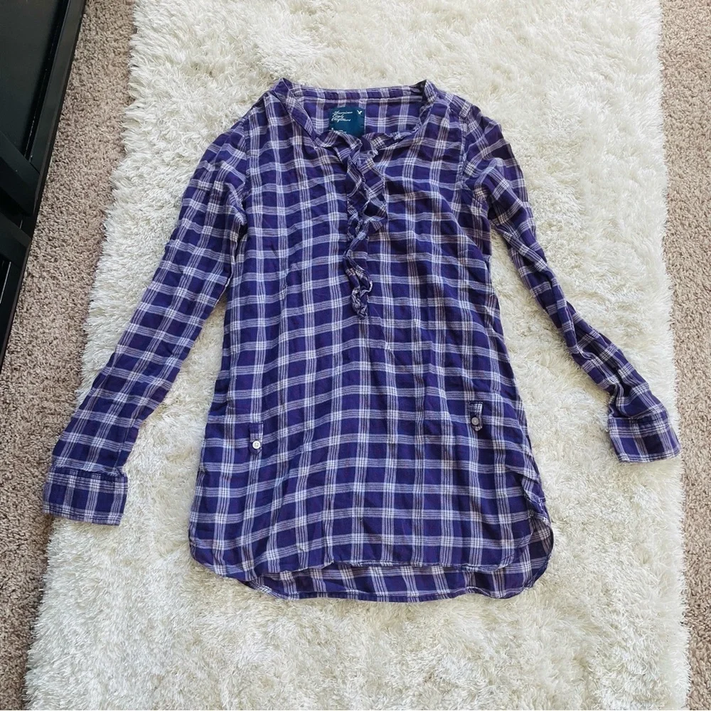 AEO Cotton Plaid Ruffle Neck Long Sleeve Top Purple Size 6 - Picture 1 of 11